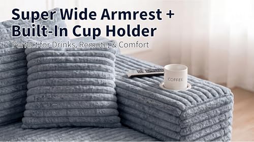 Image of Oversized Cloud Sectional Couches for Living Room, 122 inch U-Shaped 7 Seater Sofa Modular Boneless Couch with Chaise | Deep Seater | Cup Holder | Side Pocket | No-Assembly | Plus Corduroy, Light Gray