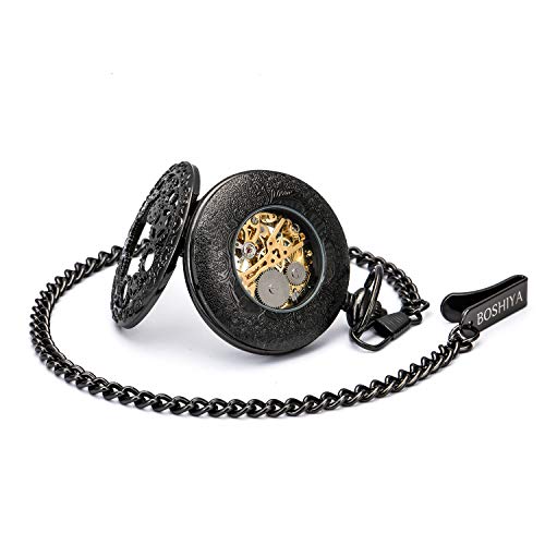 Boshiya Vintage Mechanical Pocket Watches For Men Luminous Steampunk Pocket Watch With Chain Black Skeleton Dial Roman Numberals Pocketwatch Gifts For Fathers Day #TOP2