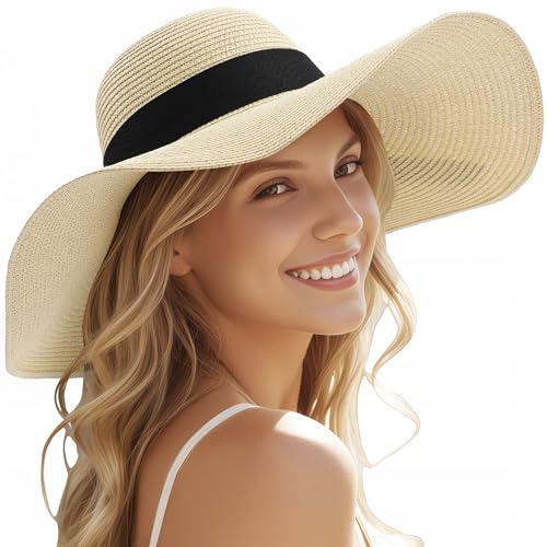 Image of Beach Hats for Women - Sun Hat Womens, Wide Brim Straw Womens Sun Hat with Wind Lanyard Roll Up Foldable UV Protection