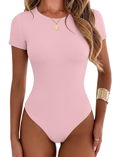 ANRABESS Womens Short Sleeve Crew Neck Bodysuit Light Pink L