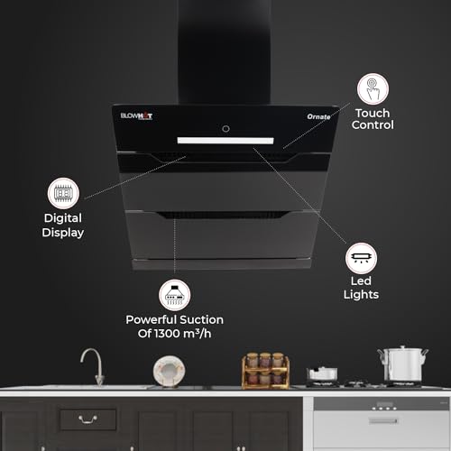 Image of BLOWHOT 60cm Auto Clean 1300 m /h Filterless Slant Chimney with Oil Collector & Free Installation Kit, Touch Control, Tri-Glass Design Angular, 1 Year General & 15 Year on Motor Warranty (ORNATE BAC)