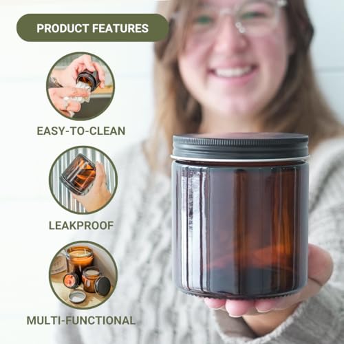 Glass Amber 16oz Jar - 12 Packs, Empty Round Jars For Beauty Products, Lotion, and Powders - Black Lid - Small Candle Jars2