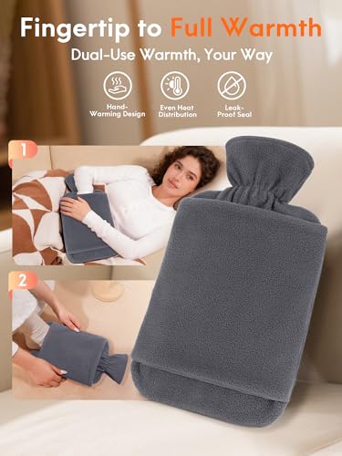 MUPAS Wärmflasche mit Vliesbezug –2L Große Auslaufsicher Bettflasche –Weicher Wärmflaschen mit Känguru Tasche –Hot Water Bag für Kinder & Erwachsene (Grau)
