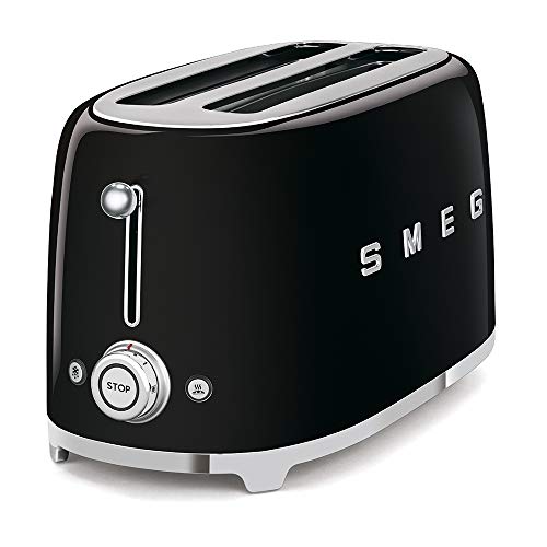 Image of Smeg Toaster, 2 Extra Wide Slot for 4 Slices, Original Italian Brand, Auto Center for Even Browning, Smart Crumb Tray, Multi-Use: Defrost, Reheat & Bagel, 6 Toast Levels, 1500W, TSF02BLEU, Black
