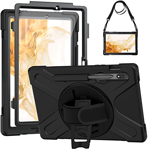 Gerutek Coque Samsung Galaxy Tab S8 2022/Tab S7 2020 11 pouces+Protection d'écran, Étui Antichoc Robuste, Housse Protection Béquille à 360° Bandoulière, Case Protégé Samsung Galaxy Tab S8/S7 11", Noir Cover