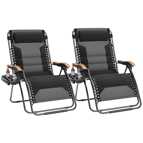 PHI VILLA XXL Oversized Padded Zero Gravity Chair Set of 2, Foldable Patio Recliner, 30' Wide Seat Anti Gravity Lounger with Armrest and Cup Holder, Support 400 LBS (Black)