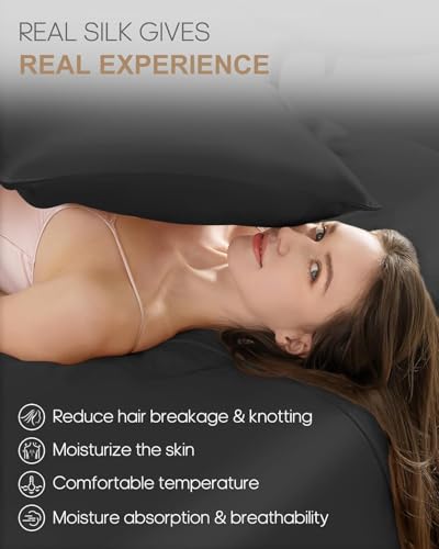 Image of Satin Pillow Covers Set of 2 with 3 Free Random Color Scrunchies - Luxurious, Soft & Smooth Cushion Cases for Skin and Hair Care (Black)