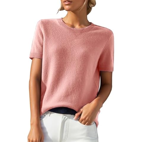 Womens Short Sleeve Knitted Sweater Plain Chunky Cable Crew Neck Jumpers Soft Smooth Loose Fit Knit Pullover Tops Classic and Versatile Office WorkT Shirt Blouse Knitwear Hot Pink Cover