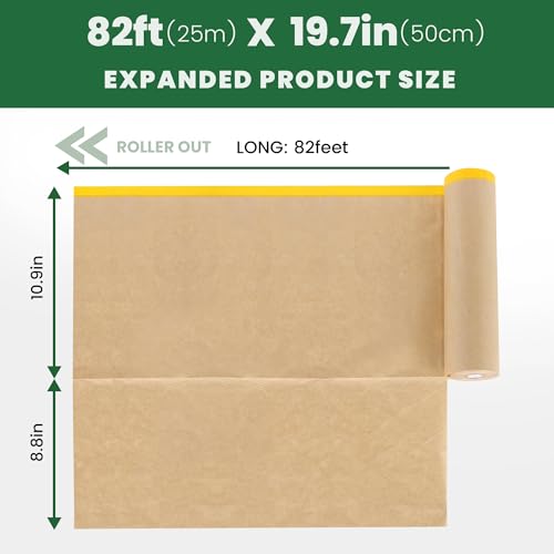 Image of Voomey Pre-Taped Masking Paper for Painting - 20 inch x 82 feet Tape and Drape Painters Paper, Paint Adhesive Protective Paper Roll for Covering Skirting, Frames, Cars and DIY Projects