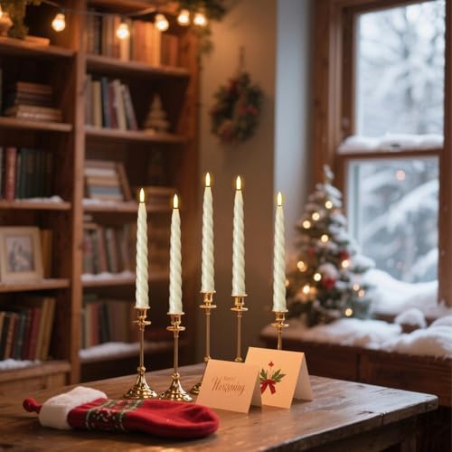 Image of Wondise Real Waxy Flameless Taper Candles with Remote Timer Ivory