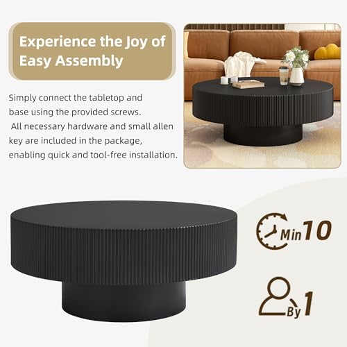 Merax Modern 35.4 Inch Round Large Coffee Table with Sturdy Base, Wood Circle Drum Center Table for Living Room Reception Room, Easy Assemble, Black by Merax - Image 6