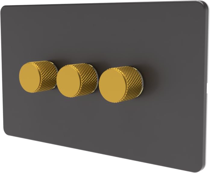 LED Dimmer Switch [Metal Knob/Plastic faceplate] 2-way Rotary Push On/Off for Dimmable LED and Halogen Lights, minimum brightness adjustable - Grey/Gold 3-Gang — image 1