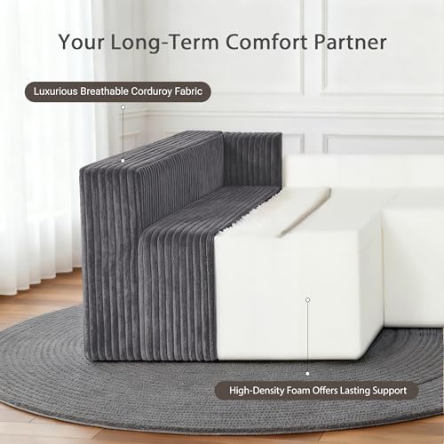 Image of Claiks 128 inch U Shaped Boneless Couch, Corduroy Sectional Sofa, Grey