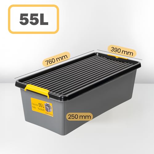 KONZEPT Aufbewahrungsbox mit Deckel 55 L – inkl. beschriftbaren Etiketten, aus hochwertigem Kunststoff, stapelbar und stabilen Verschlussclips, ideal für Keller, Werkstatt, Garage