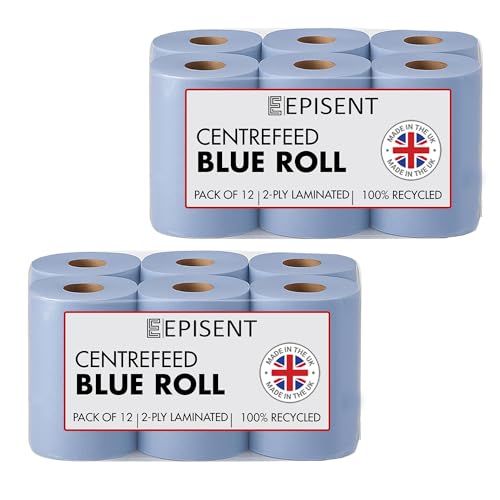 EPISENT Blue Roll Pack of 2, 2 Ply Centre Feed Paper Towels, Super Absorbent Commercial Cleaning Roll for Kitchen Garage Workshop and Dispensers, Food Prep Safe Recyclable