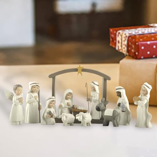 BonzaPicks Conjunto de estatuetas de presépio de resina branca marfim para o Natal, 12 peças, conjun