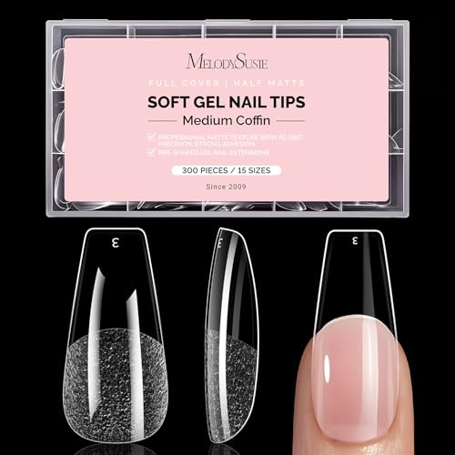 MelodySusie Nail Tips - 300 Stück Soft Nageltips für Gelnägel, Full Cover Press On Nails, 15 Größen Vorgeätzt Nagelspitzen für Nagelverlängerung, Nagelkunst, DIY Nagelstudio