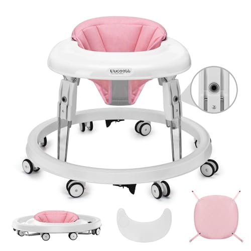 One-Touch Folding Baby Walker, Anti-Roll 8-Wheel Round Chassis, 7-Speed Height Adjustment, with Large Dinner Plate and Brake, 6-18 Months Baby Walker, Pink