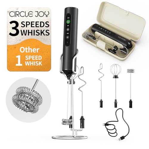 CIRCLE JOY Rechargeable Handheld Milk Frother Wand with Stand, 3 Variable Speeds, 3 Whisks and Storage Box, Electric Drink Mixer for Latte, Cappuccino, Hot Chocolate, Eggs and Protein Powder, Black