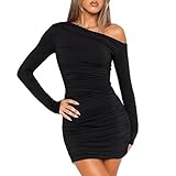 Mayoii Mini Dress Off Shoulder Solid Color Black Dress Sexy Bodycon Ruched Little Black Dress for Women Dinner Party Going Out (UK, Alpha, S, Regular, Regular, Black)