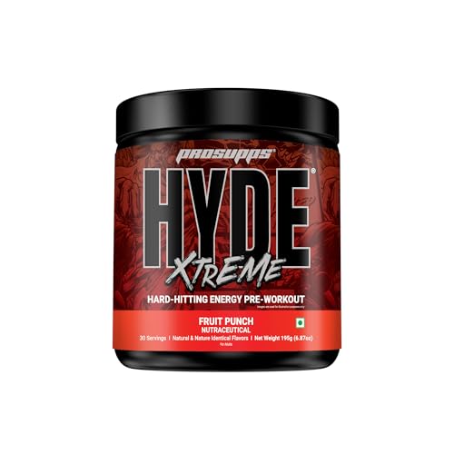 Image of HYDE Xtreme - Hard Hitting Energy Pre Workout Supplement | Caffeine, Beta-alanine, Creatine HCl, L-arginine | For Muscle Pump, Vascularity, Strength and Focus | 30 servings, 195g (Fruit Punch)