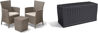 Keter Iowa Garden Furniture Balcony Set, Cappuccino with Sand Cushions,247855 & Marvel+ 270L Outdoor Garden Storage Box Garden Furniture - Graphite Grey