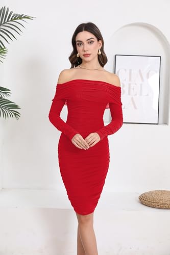 Image of Fooullaide Women's Sexy Off Shoulder Sleeveless Bodycon Ruched Midi Dress