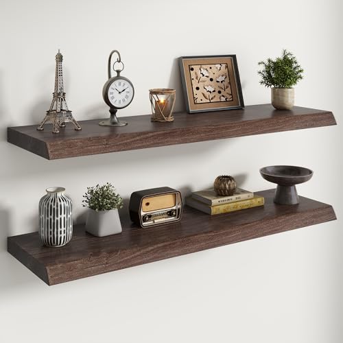 Image of RICHFOCUS Live Edge Elm Floating Shelves - 40 inch W x 9.3 inch D Rustic Solid Wood Wall Shelves with Invisible Bracket, Wall-Mounted for Living Room, Bedroom, Kitchen Storage & Display, Set of 2, Walnut