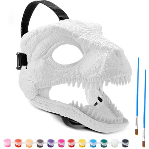 Seenelling 1 Pc DIY White Hard Plastic Dino Mask Moving Jaw Kit with Paint Dinosaur Mask T-rex Jurassic for Kids