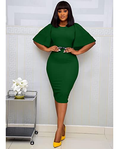 Memoriesea Women's Basic Bodycon Ruffle Flared Short Sleeve Pencil Midi Dress Green