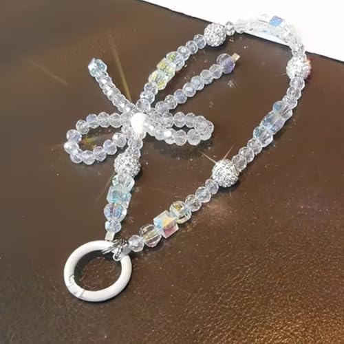 Image of Phone Charm with Beaded Chain | Acrylic Phone Strap for Mobile Keys & Bags | Decorative Wrist Strap | Lanyard Charms | Keychain Accessory for Women Girls (Crystal-Clear-Bow)