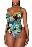 Viottiset Women's Drawstring One Piece Swimsuit Tummy Control High Cut Cheeky Bathing Suit Monokini Dark Green Printed Pattern L