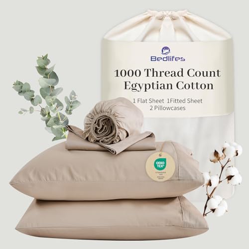 Bedlifes Egyptian Cotton Sheets 1000 Thread Count King Size 4-Piece 16 Deep Pocket - Cooling & Breathable Ultra Soft Bedding for Hotel Comfort (Linen)