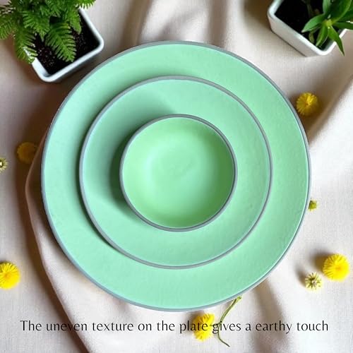 Image of Hand Painted Ceramic Dinnerware Set - 18 Pieces | 6 Dinner Plates, 6 Small Plates, 6 Katori Bowls | Earthy Mint | Microwave & Dishwasher Safe | Perfect for Home & Gifting