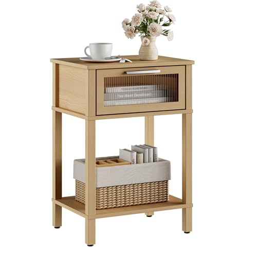 Nightstand Wooden Bedside Table with Drawer Natural Wood Night Stands