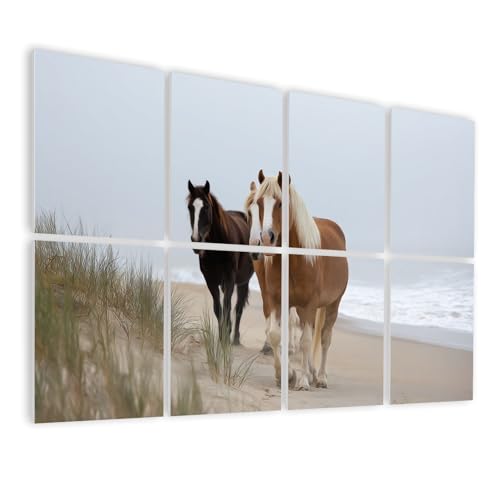 8 Pack Art Acoustic Panels Self Adhesive Wild Horses Beach Assateague Island ponys Pictures Decorative Soundproof Wall Panels Sound Absorbing Panel 48'x32' for Office Home Studio