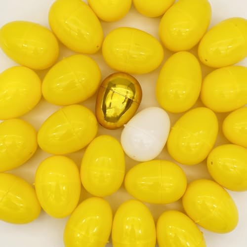 GCQJOQ Easter Eggs Plastic Fillable Easter Eggs Bulk for Easter Theme Party Favor, 60 Yellow Eggs, 1 Gold Egg, 1 White Egg