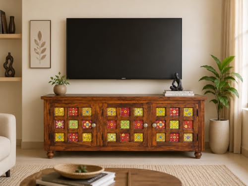 Image of Sheesham Wood TV Unit Cabinet with Handcrafted Ceramic Tile Doors | Natural Finish | 3 Door TV Console Entertainment Center | Storage Cabinet for Living Room (57 x 18 x 23 Inches)