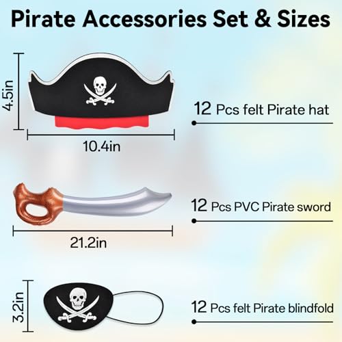 ZeeDix 36 Pcs Pirate Hat Set Pirate Party Favors 12 Pcs Pirate Hats 12 Pcs Inflatable Pirate Sword 12 Pcs Pirate Eye Patches for Kids, Pirate Theme Party Supplies for Halloween Costume Masquerade