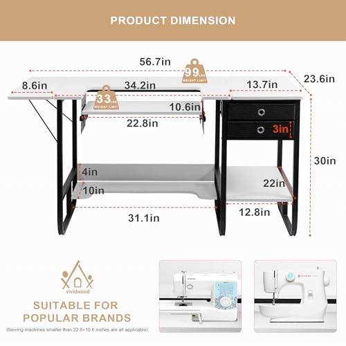 Foldable Sewing Machine Table, Multipurpose Sewing Table with Adjustable Platform, Storage Shelf and 2 Cloth Drawers (Warm White) - Image 4