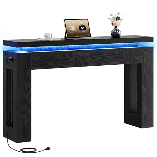 Image of LIKIMIO Console Table with Drawers, Modern Entryway Table with LED Lights and Charging Station, Narrow Sofa Table with Storage Behind Couch for Entrance, Hallway, Living Room, Black