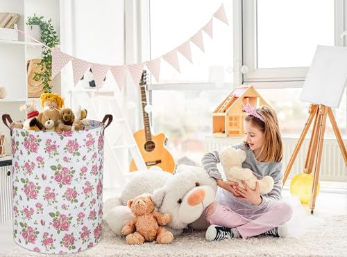 Image of Roses Pink Laundry Basket Baby Girls Laundry Hamper Kids Toy Storage Bins Organizer Gift Basket Pink Rose Bedroom Decor Bathroom(Pink Rose)
