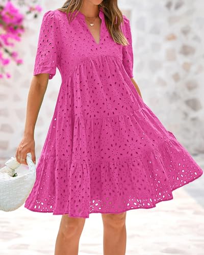 Image of BTFBM Womens Boho Summer Dresses 2026 Spring V Neck Short Sleeve Hollow Out Lace Ruffle Casual Beach Mini Vacation Dress