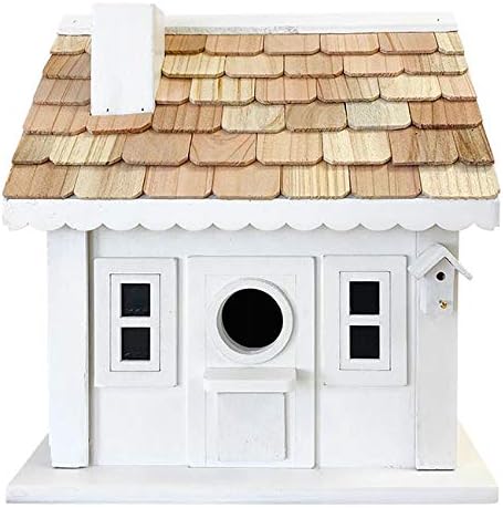 Home Bazaar Charmer Condo Bird House, Ornate White Wooden Outdoor Birdhouse with Dual 1.25" Entry Holes, Shingled Roof, Removable Back Panel, and Pole or Post Mount Option for Songbirds