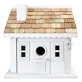 Home Bazaar Charmer Condo Bird House, Ornate White Wooden Outdoor Birdhouse with Dual 1.25" Entry Holes, Shingled Roof, Removable Back Panel, and Pole or Post Mount Option for Songbirds