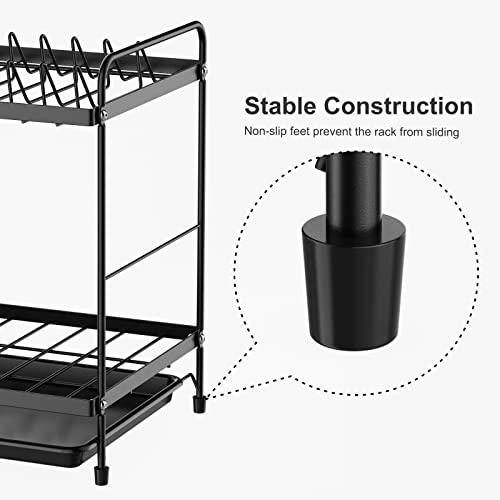 iSPECLE 2 Tier Dish Drainer, Dish Drying Rack with Drip Tray, Sink Draining Board with Utensil Cutting & Board Holder for Kitchen Counter(Black Round) - Image 6