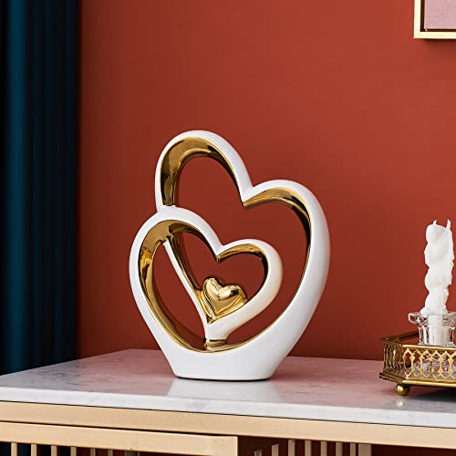 Fjs Heart Statue For Living Room Decor, Couple Love Sculpture, Modern Ceramic Statue, Love Figurines For Home Living Room Bedroom Decor, Wedding Valentine's Day Romantic Gift (A, White And Gold) #TOP2