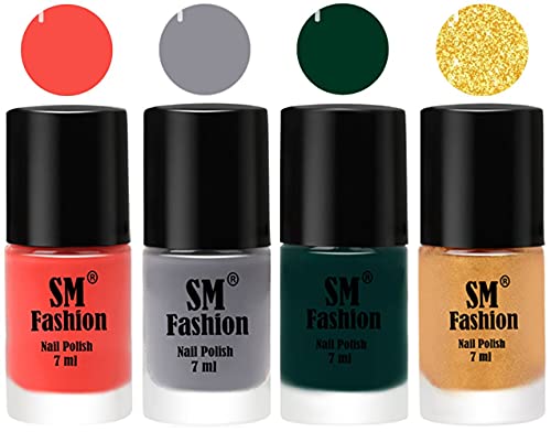 Image of Nail Polish Combo Set (Pack of 4) Quick Dry Gel Finish Nail Paint | Coral,Gray,Dark Green,Light Golden | 7 ml Each