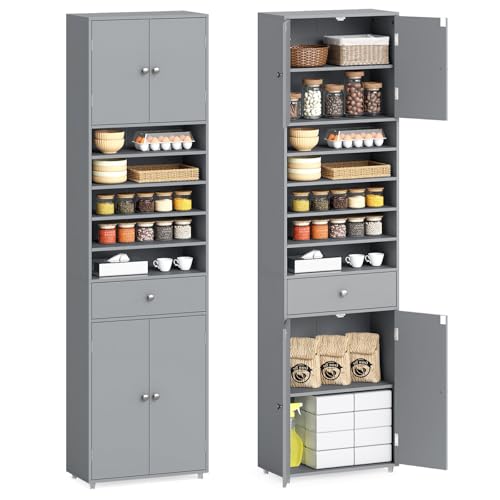 TANGZON 180CM Tall Kitchen Cupboard, 4-Door Tall Storage Cabinet with Drawers, Open Shelves, Adjustable Shelves & Anti-tipping Kits, Freestanding Wooden Sideboard for Pantry Living Room, Grey
