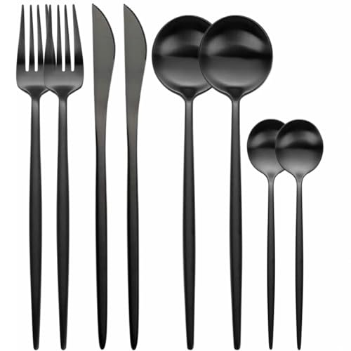 Image of 8 pcs Flatware Set,Black Silverware Set for 2, Knife Fork Spoon, Stainless Steel Home Dinnerware Tableware,Mixed Cutlery Set Eating Utensils for Restaurants (8 Pcs Black)